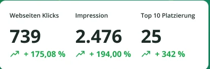 Kennzahlen: 739 Webseiten-Klicks, 2.476 Impressionen, 25 Top-10-Platzierungen